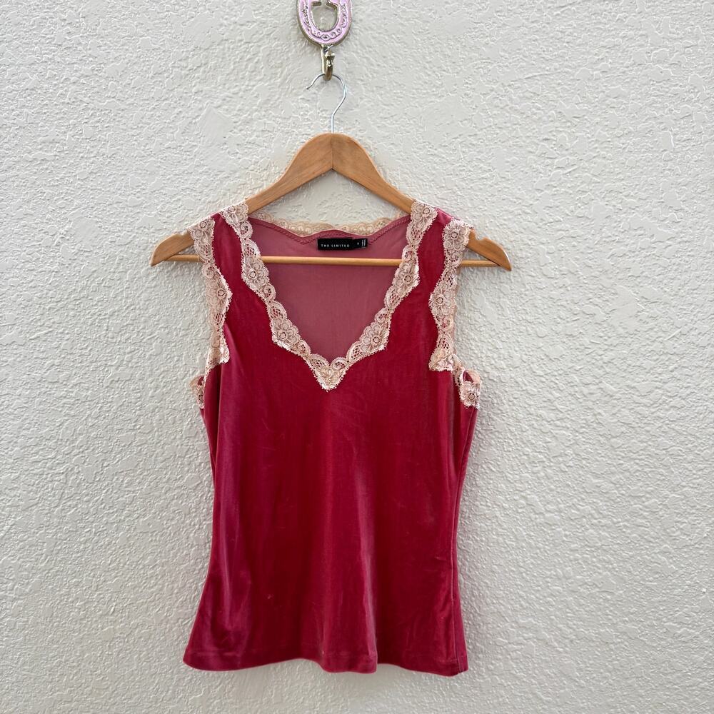 Vintage Y2K Pink Velour Lace Trim Tank Top